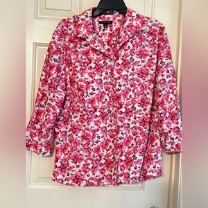 Lands End Womens Supima Cotton Dress Shirt 3/4 Sleeves Pink Floral sz 16